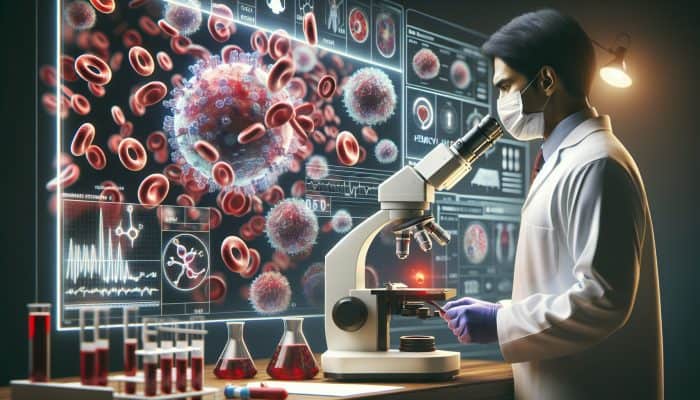 FBC Test in Thetford: Illustration of a technician analyzing a blood sample under a microscope, showing red and white blood cells, platelets, hemoglobin, and digital displays of hematocrit and MCV.