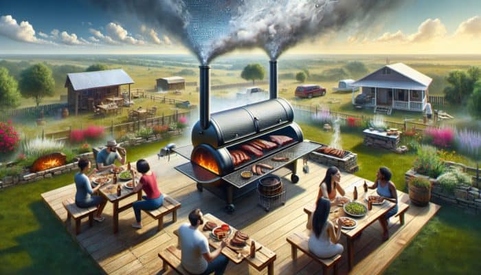 How to Pick a Smoker for Backyard Cooking: Rustic backyard scene with large offset smoker, glowing firebox, rising smoke, cooking brisket and ribs, friends gathering.