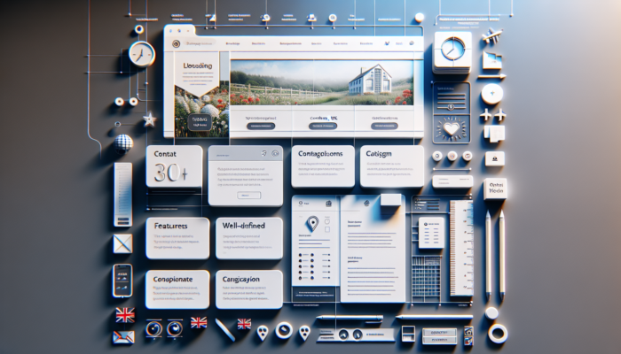 A modern website interface for a UK small firm in Corsham, featuring sticky navigation, prominent contacts, category icons, and a local map.