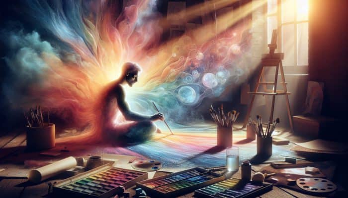 A focused artist in a sunlit studio blends pastel washes on textured paper, surrounded by a multitude of art supplies.