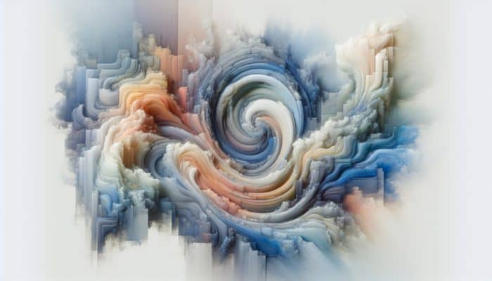 Abstract artwork featuring swirling pastel washes in soft blues and earthy tones, creating textured depth and emotional resonance.