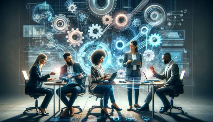 A diverse marketing team collaborates with holographic assistants in an office, surrounded by data streams and gears symbolizing streamlined workflows.