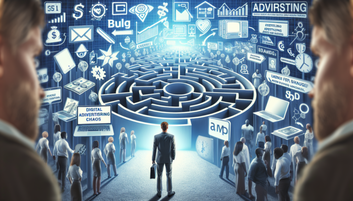 A determined entrepreneur in Portishead navigates a chaotic digital advertising maze, transitioning to a bright workshop for expert guidance and business growth.