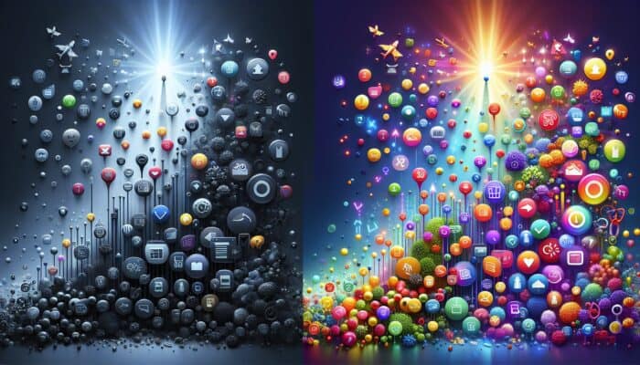 Illustration depicting SEO's impact: a dull, underperforming product page with low traffic icons contrasted with a vibrant one exhibiting rising graphs and sales symbols.