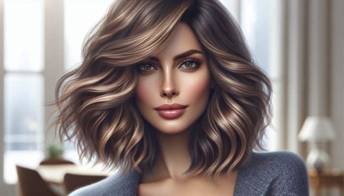 Confident woman with chic layered lob haircut, soft cascading layers adding volume to wavy hair, framing face in natural sunlight.
