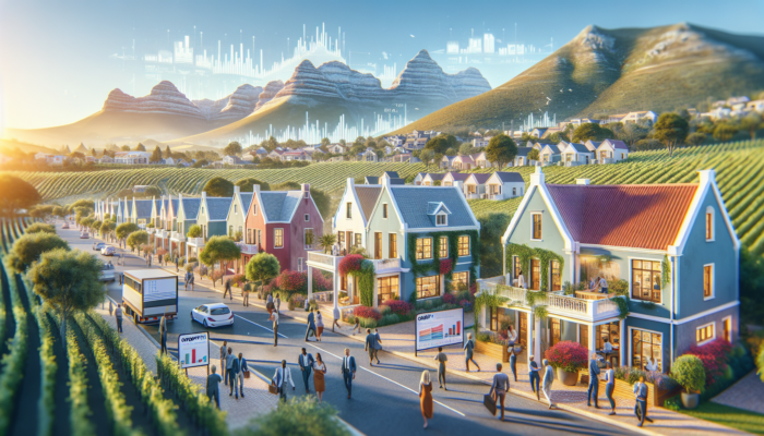 Stellenbosch street with affordable Cape Dutch homes amid vineyards and mountains, as first-time buyers explore investment opportunities under a clear sky.