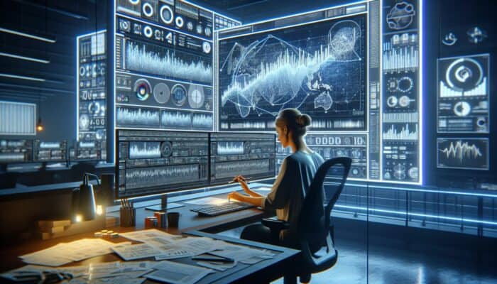 Focused editor in a high-tech studio analyses financial data on glowing screens, crafting trustworthy narratives about investment trends.