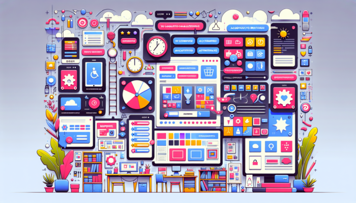 Vibrant UK business website with responsive layouts, user navigation, optimized images, accessibility icons, and call-to-action buttons in a cozy shop.