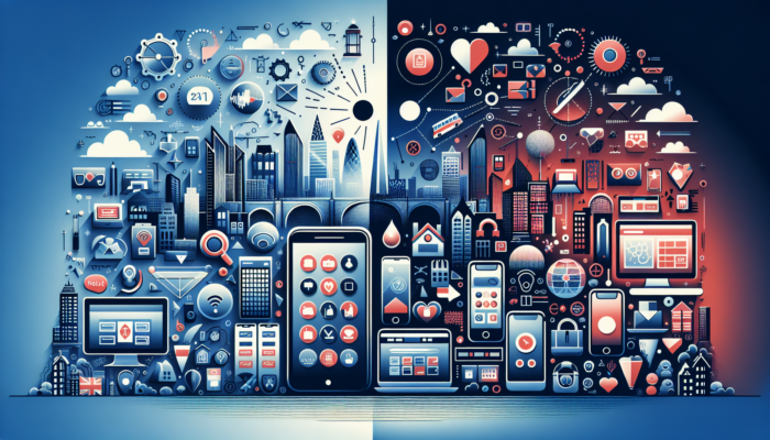 Comparison illustration: Smartphone app with engaging icons and high costs versus cost-effective responsive website with e-commerce, against London skyline.