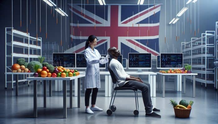 In a modern UK lab, a scientist in a white coat administers acupuncture to a volunteer amid nutritional charts, fruits, supplements, and Union Jack flags.