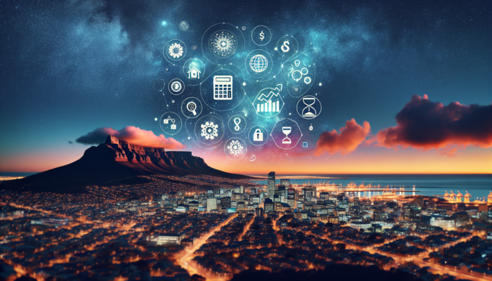 Cape Town cityscape at dusk, featuring Table Mountain and affordability symbols like graphs, charts, and maps under a starry sky.