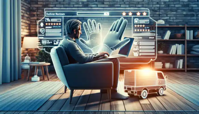 A focused shopper in a cozy Havant living room browses Amazon on a laptop for polythene gauntlet gloves, viewing reviews and a delivery van.