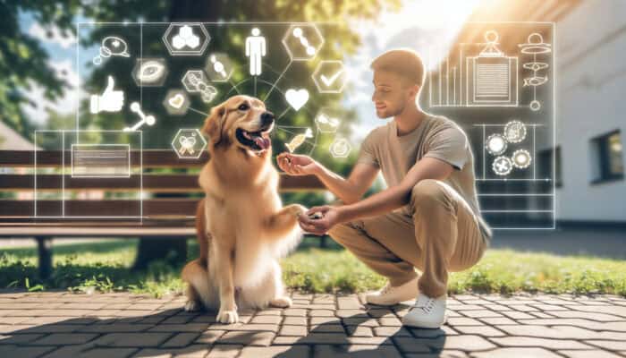 Cheerful owner in sunny park rewards sitting golden retriever with treat, gently guiding its paw down.