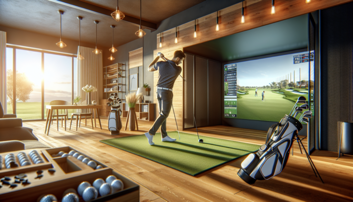 A determined golfer engages with a high-tech indoor simulator, showcasing reliable equipment in a contemporary South African home.
