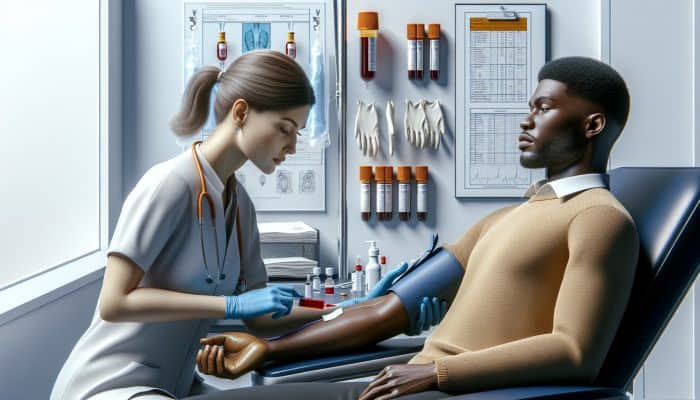 A phlebotomist draws blood from a patient's arm in a sterile clinic, surrounded by medical equipment and charts under bright lighting.