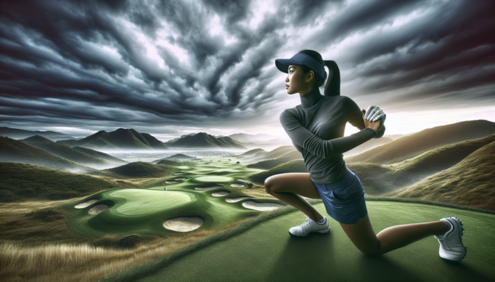 How to Recover from Golf Injuries: Golfer stretching on uneven Gauteng course under stormy sky, amid green fairways, hills, and mist, for injury prevention.