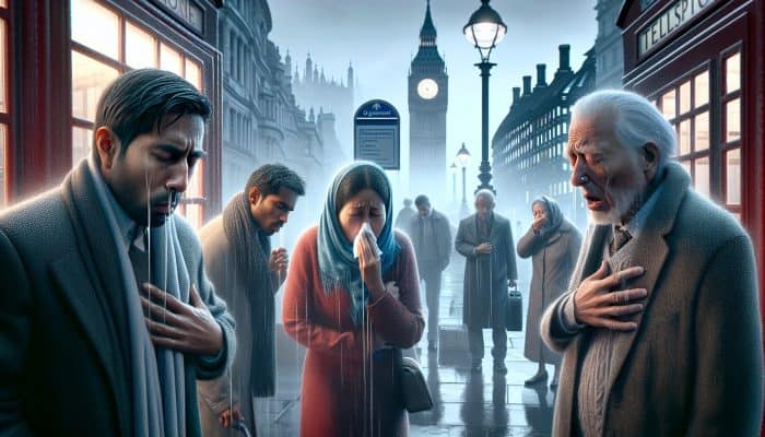 Illustration of diverse individuals on a rainy London street exhibiting symptoms such as coughing, fever, and fatigue, with NHS posters and Big Ben in view.
