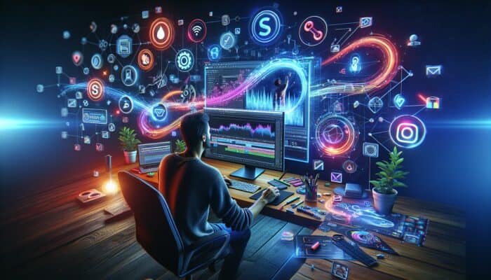 Focused content creator editing vibrant video on a high-tech screen, surrounded by floating SEO keywords, rising backlink graphs, and social media icons.