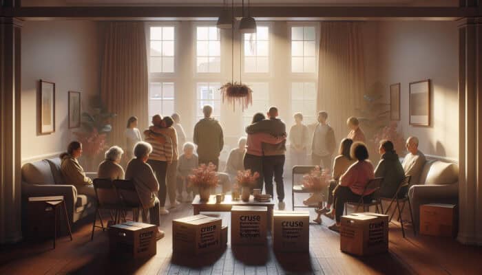 Grieving individuals at Cruse workshop in a warmly lit UK centre, sharing hugs and stories amid house clearance boxes and floral decor.