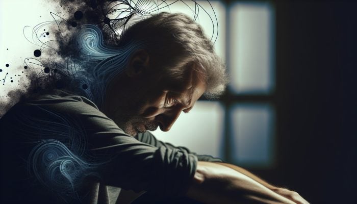 A weary middle-aged man slumps in a dimly lit room, eyes heavy with fatigue and despair, surrounded by dark shadows of anxiety and a faint glow of hope.