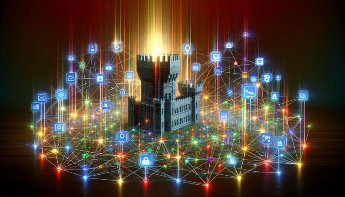 Glowing backlinks radiating from diverse sources form a fortified network around a central website, with colourful anchor texts and content icons symbolising SEO authority.