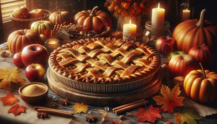 A golden-crusted apple pie on a rustic wooden table, surrounded by vibrant autumn leaves, pumpkins, and soft candlelight.