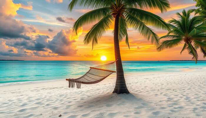 Tranquil Belize beach with white sand, turquoise waters, palm trees, a hammock, and a vibrant sunset sky.