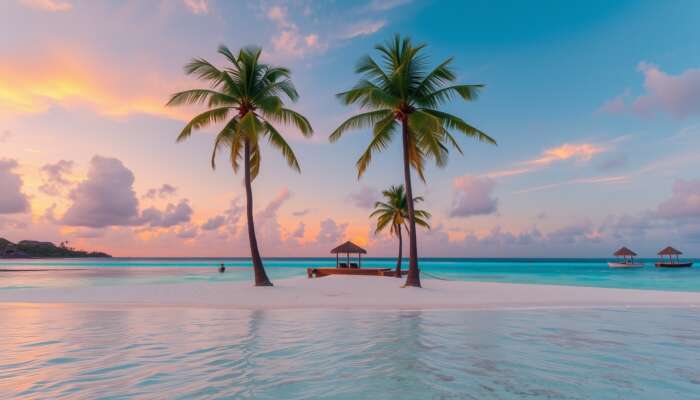 Serene beach scene in Belize featuring a luxurious resort, palm trees, turquoise waters, and a vibrant sunset, ideal for relaxation and exploration.