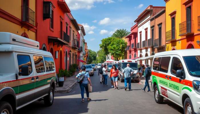 Vibrant street scene in San Miguel de Allende showcasing colonial architecture, friendly neighbors conversing, and visible community safety initiatives like neighborhood watch signs and emergency service vehicles, creating a welcoming and secure atmosphere.