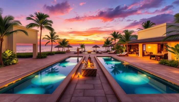 Luxurious beachfront resort with private plunge pools, swim-up bar, exclusive dining on the sand, wellness area, and guests enjoying cooking classes amid lush tropical vegetation and a stunning sunset.