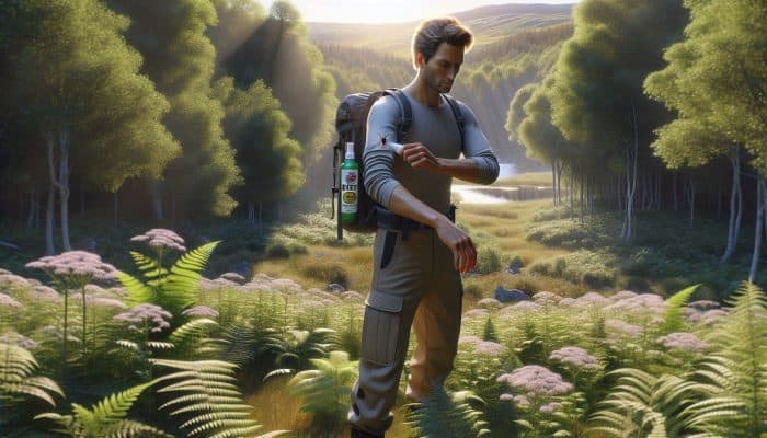 Hiker in New Forest, UK, wearing long sleeves and trousers, applying DEET repellent amid lush woodlands under a sunny sky.