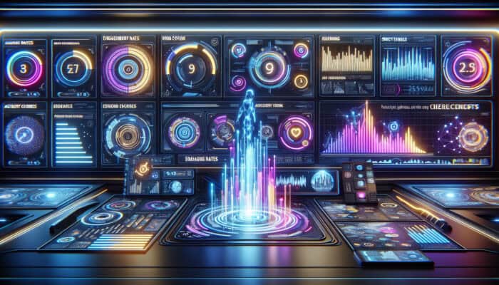 Futuristic digital dashboard displaying graphs of rising engagement rates, accuracy scores, and resolution times for AI chatbots with holographic features.