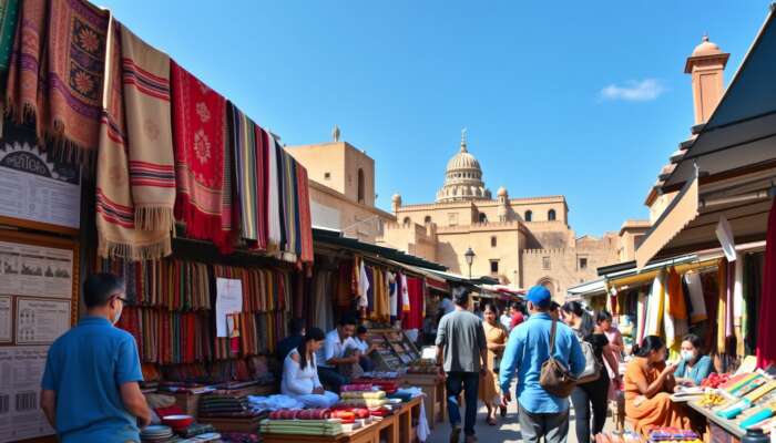 A vibrant market showcasing local artisans and their traditional crafts alongside colourful textiles, with individuals engaging in cultural activities amid a backdrop of historic architecture under a bright blue sky.