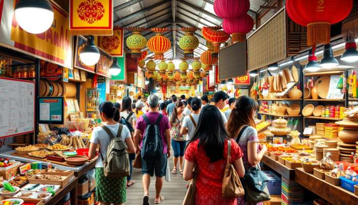 A diverse group of tourists engaging with local artisans in a bustling market filled with traditional crafts, cultural performances, and authentic cuisine, all adorned with colourful heritage decorations.