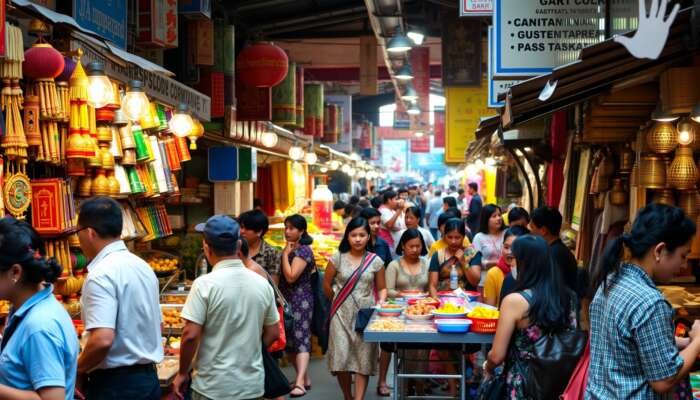 A vibrant street market bustling with locals and tourists, showcasing colourful crafts, traditional foods, and cultural performances, highlighting active engagement and interaction.