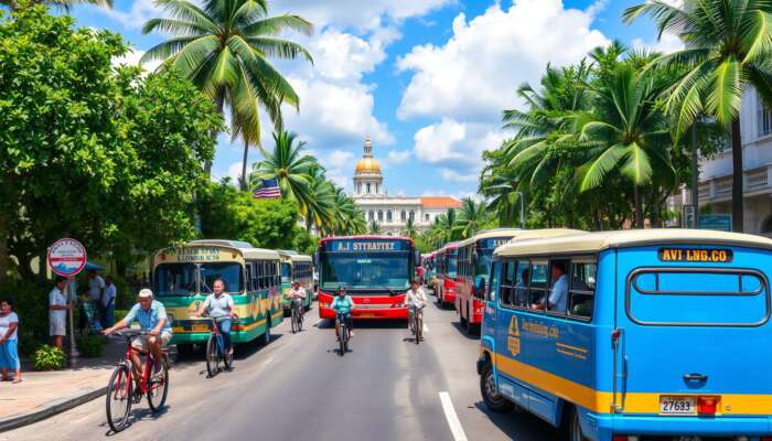 A vibrant street scene in Belize City featuring colourful buses, bicycles, and pedestrians amid tropical greenery and colonial architecture under a clear blue sky.