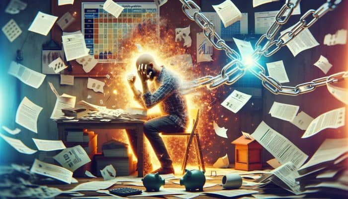 A frustrated borrower trapped in glowing chains labelled "hidden fees" and "early repayment charges," surrounded by scattered documents and broken piggy banks in a dimly lit, cluttered office.