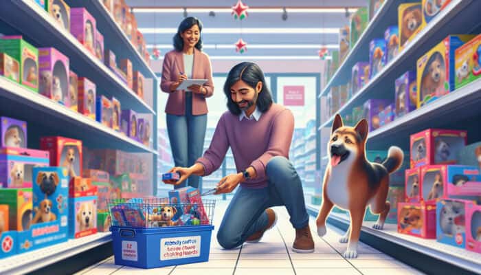 A pet owner in a bright store selects safe toys for a playful dog, checking labels for size and age suitability, while the happy dog wags its tail.