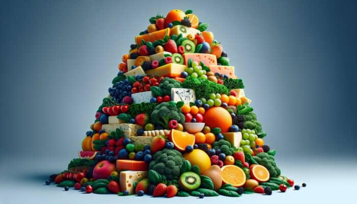 A stacked arrangement of vibrant fruits, greens, and cheeses, balanced for height and depth, creating an engaging social media-ready photograph.