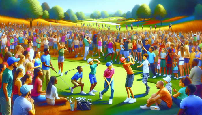 Youth learning golf on a lush green course at Bankenveld Golf Club, guided by mentors, with families and locals celebrating community heritage under a clear sky.