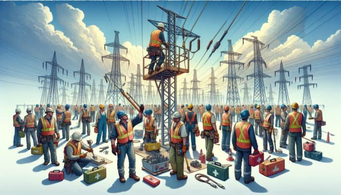 Workers in safety gear operate power tools on a construction site building power lines, with safety signs and first aid kits visible.