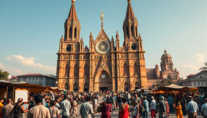 A grand cathedral with intricate architecture surrounded by a lively community scene featuring people participating in music, art, and local markets, highlighting the connection between spirituality and cultural values.