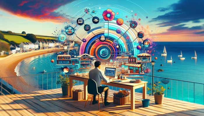 Business owner in Budleigh Salterton shop using Shopify and WooCommerce dashboards with local payments and rising sales graphs.