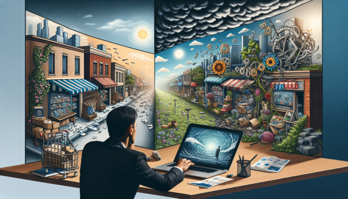 Split-screen illustration: business owner at laptop; left, cluttered outdated store with frustrated customers; right, modern design with happy shoppers and growing sales.