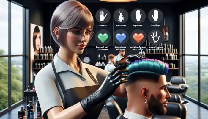 A beautician in a modern UK salon applies vibrant hair dyes while wearing durable black nitrile gloves for safety and comfort.