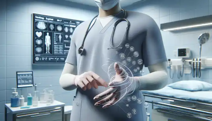 A UK healthcare worker in a sterile hospital, wearing perfectly fitted disposable gloves, performs a precise procedure with enhanced dexterity and contamination protection.