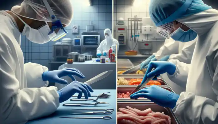 In a sterile UK workplace, a healthcare worker in blue nitrile gloves handles sharp tools and chemicals, contrasted with vinyl gloves for food prep.