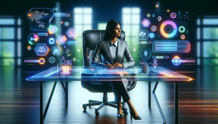 Digital marketer at a modern desk optimising a glowing website with holographic keywords, meta tags, and analytics graphs.