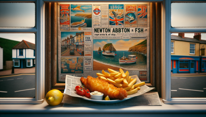Steaming golden fish and chips on a newspaper-lined plate in a cosy Newton Abbot shop window, adorned with seaside posters and fresh lemons.