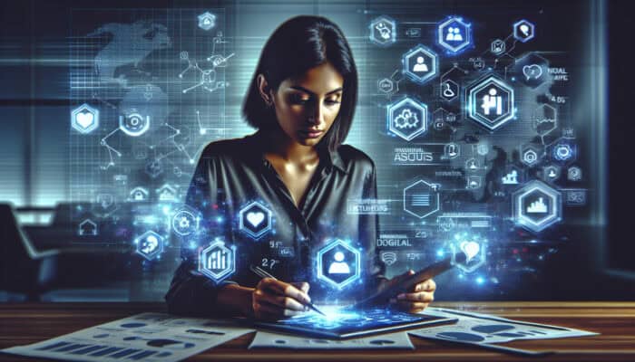 A marketer in a modern office assesses social media icons for Instagram, Snapchat, and LinkedIn, surrounded by glowing demographic charts.